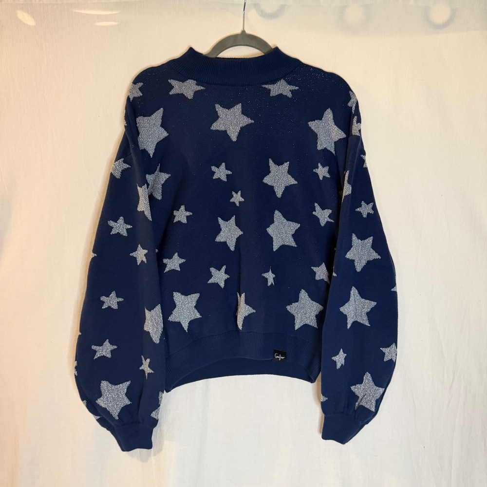 Coraline Movie Navy Blue Silver Glitter Star Knit Sweater Mock Neck Small